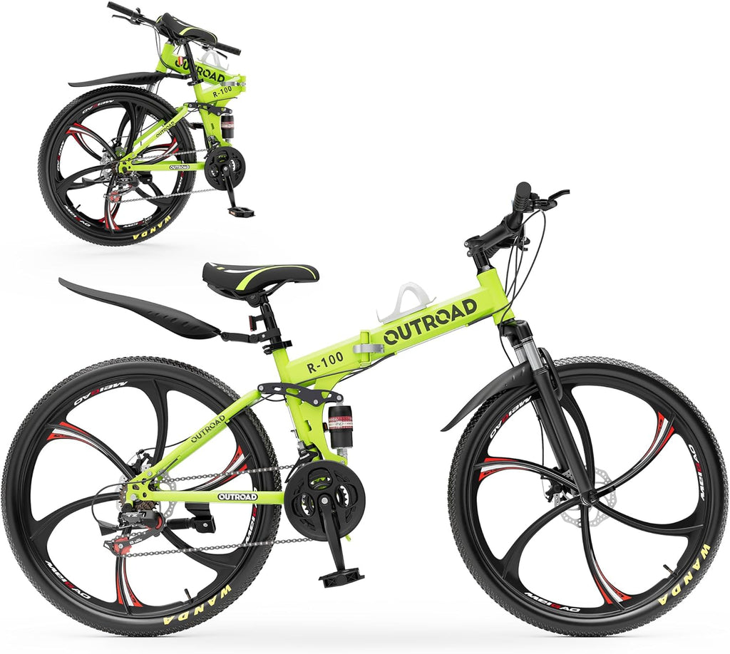 Outroad 26 Inch Folding Mountain Bike, 21 Speed Full Suspension High-Carbon Steel MTB Foldable Bicycle, Dual Disc Brake Non-Slip Folding Bikes for Adults/Men/Women, Black, Orange and Green