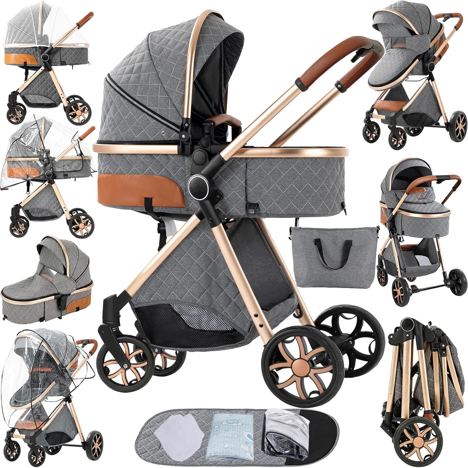 2 in 1 Baby Stroller Reversible Portable Standard Stroller Convertible Pushchair Infant Buggy Baby Carriage Foldable High Landscape Pram for Toddler Newborn (225 Grey)