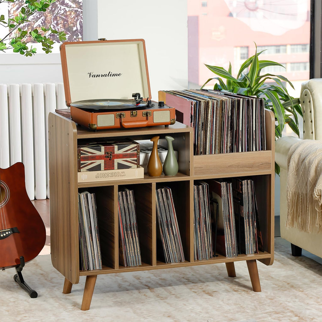 Record Player Stand, Large Record Player Table Cabinet with Open Vinyl Storage and Display Shelf Holds up to 350 Albums, Mid Century Wood Turntable for Living Room, Bedroom (Walnut)