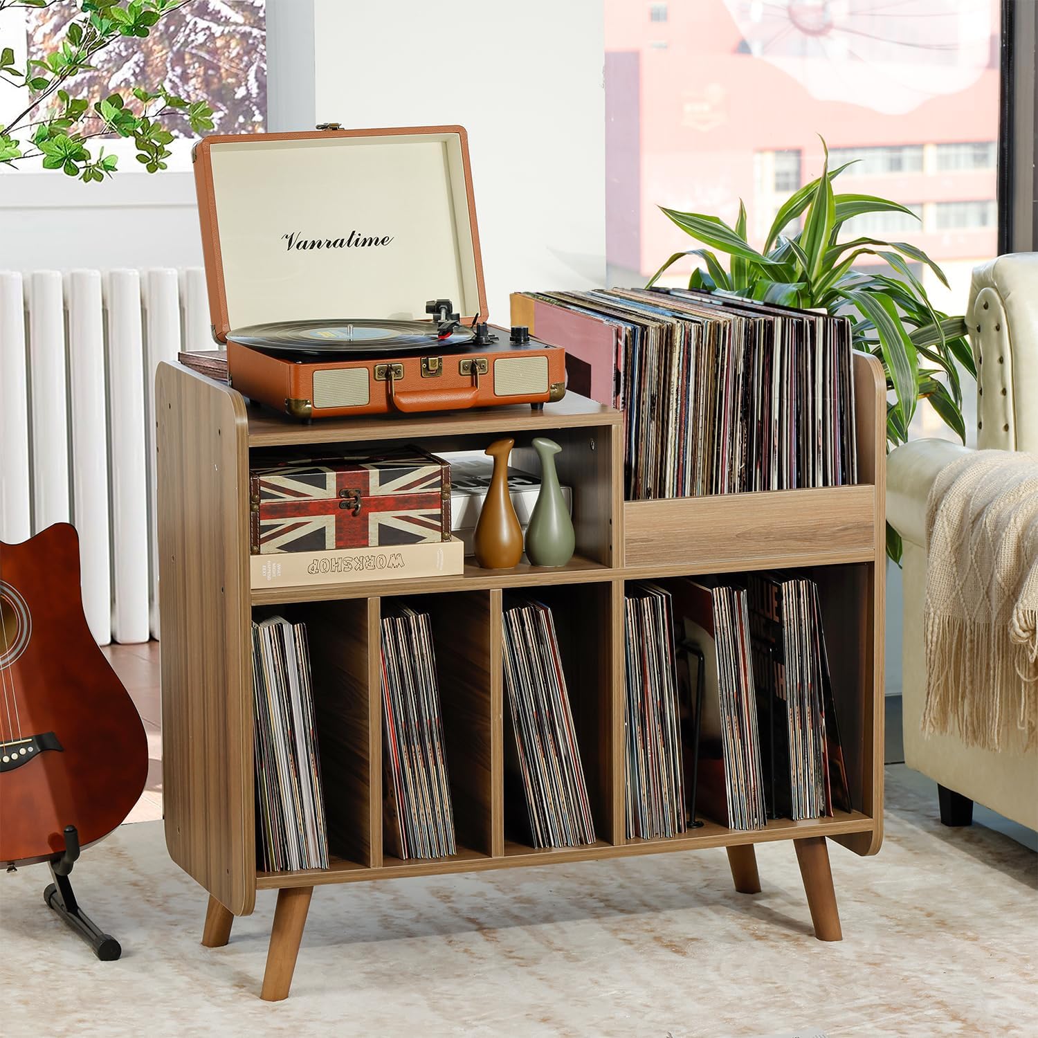 Record Player Stand, Large Record Player Table Cabinet with Open Vinyl Storage and Display Shelf Holds up to 350 Albums, Mid Century Wood Turntable for Living Room, Bedroom (Walnut)