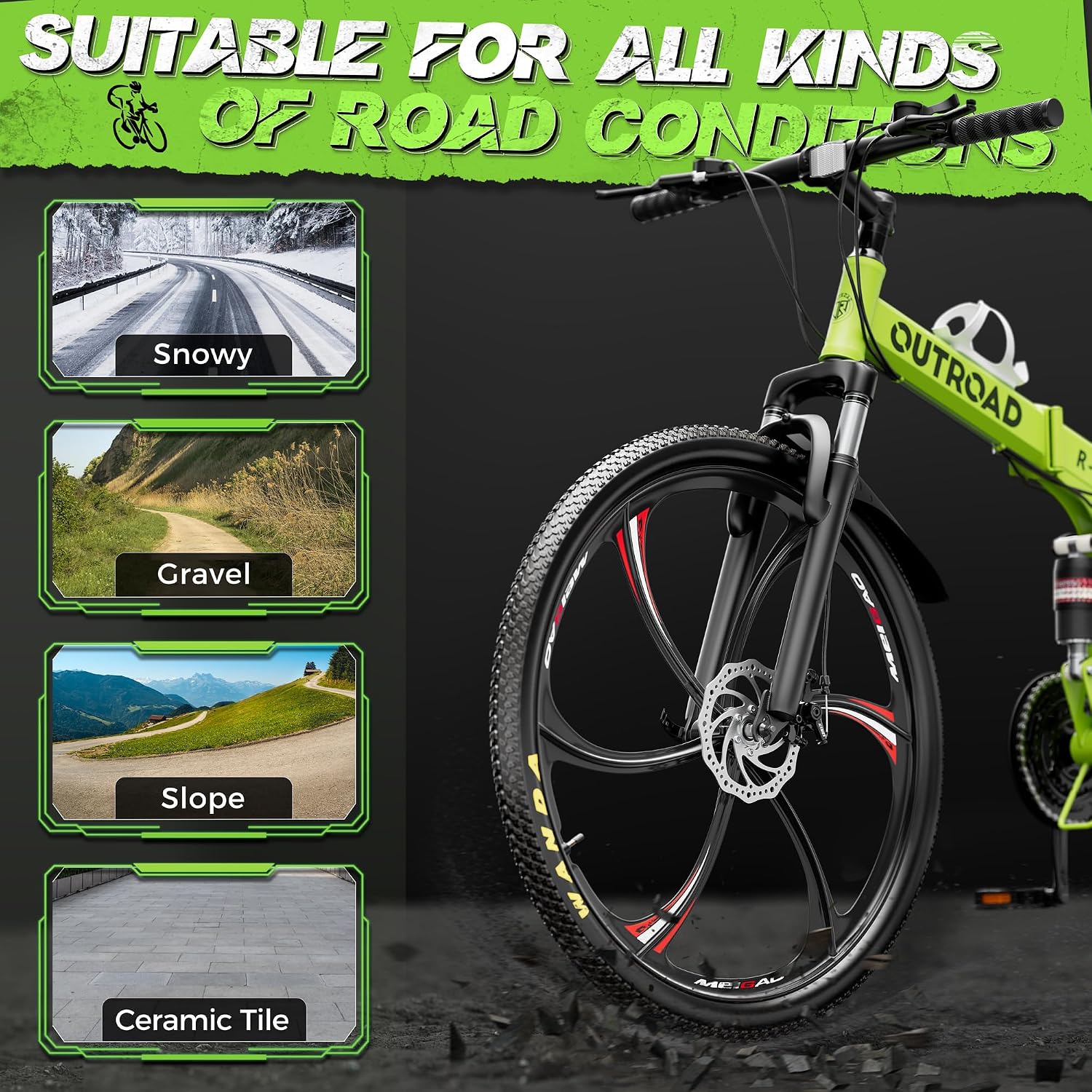 Outroad 26 Inch Folding Mountain Bike, 21 Speed Full Suspension High-Carbon Steel MTB Foldable Bicycle, Dual Disc Brake Non-Slip Folding Bikes for Adults/Men/Women, Black, Orange and Green