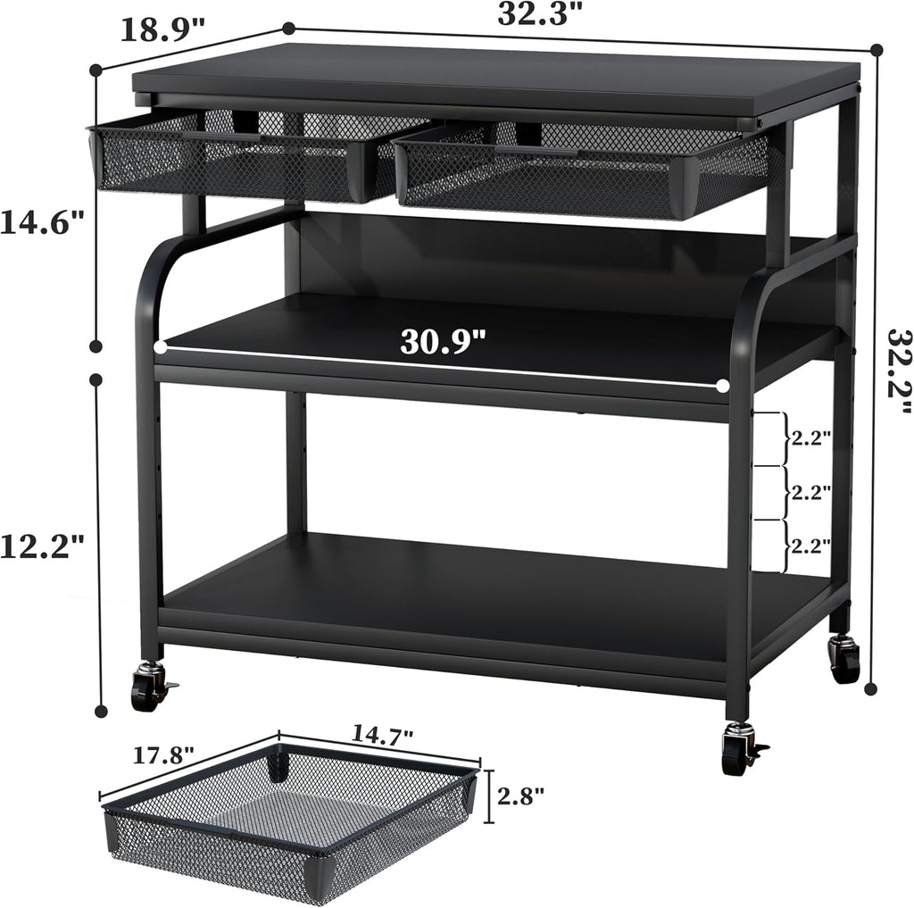 EasyCom 32.3'x18.9' Extra Large Printer Stand with Double Drawers, 5-Adjustable Heights 3 Tier Table with Wheels, Rolling Printer Cart with Storage for Printer Scanner Fax Home Office Use