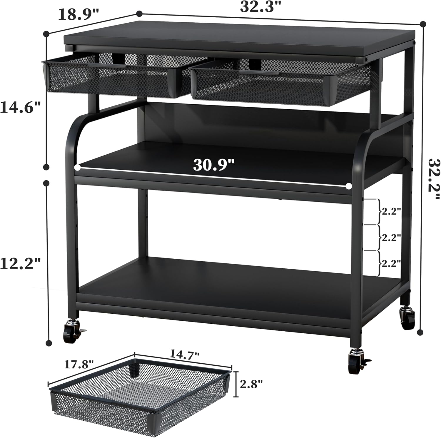EasyCom 32.3'x18.9' Extra Large Printer Stand with Double Drawers, 5-Adjustable Heights 3 Tier Table with Wheels, Rolling Printer Cart with Storage for Printer Scanner Fax Home Office Use