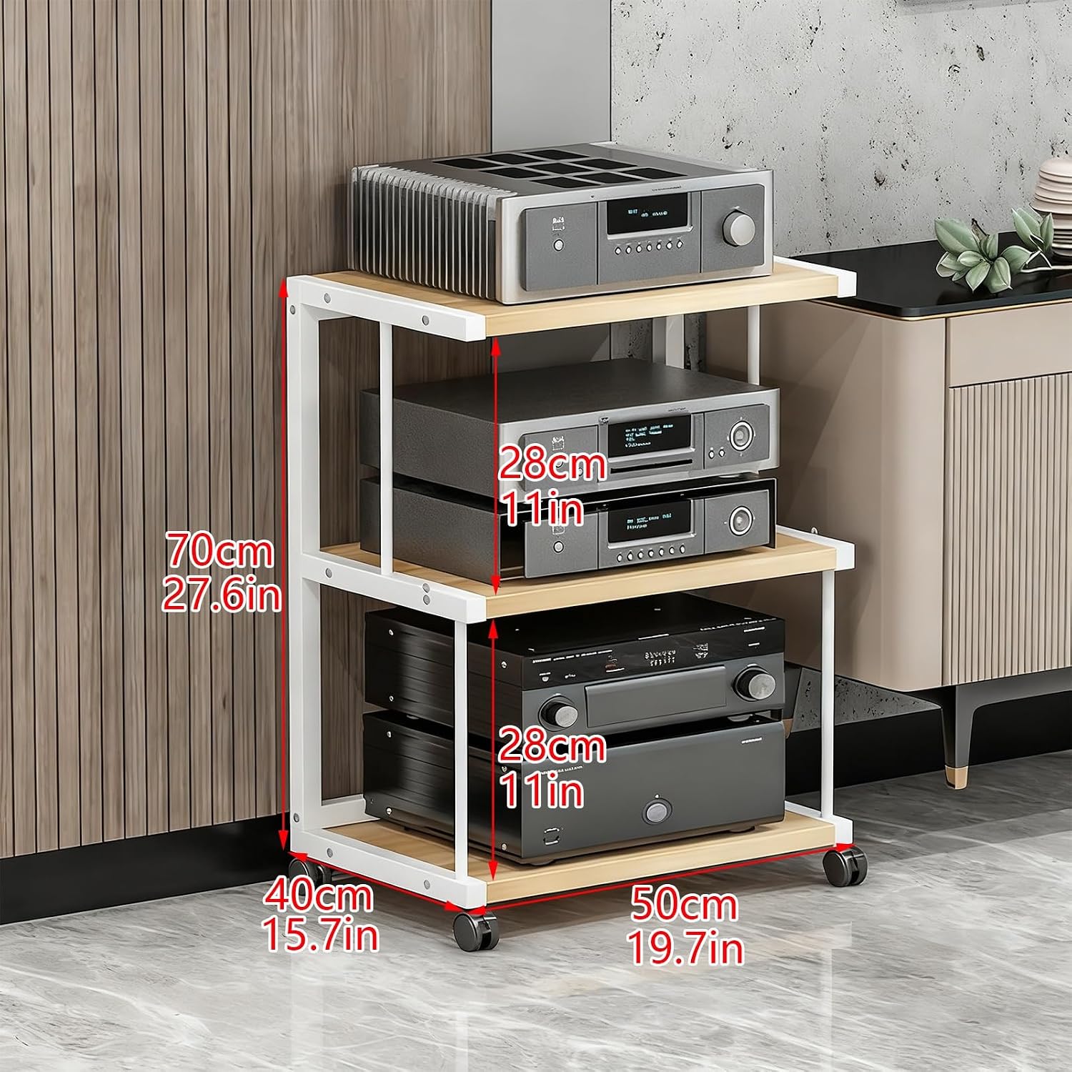 Mobile AV Media Stand on Wheels, 3-Tier Open Storage Rack for HiFi Stereo & Small Video/Audio Equipment, Metal Space-Saving Design, Easy Assembly (Black)