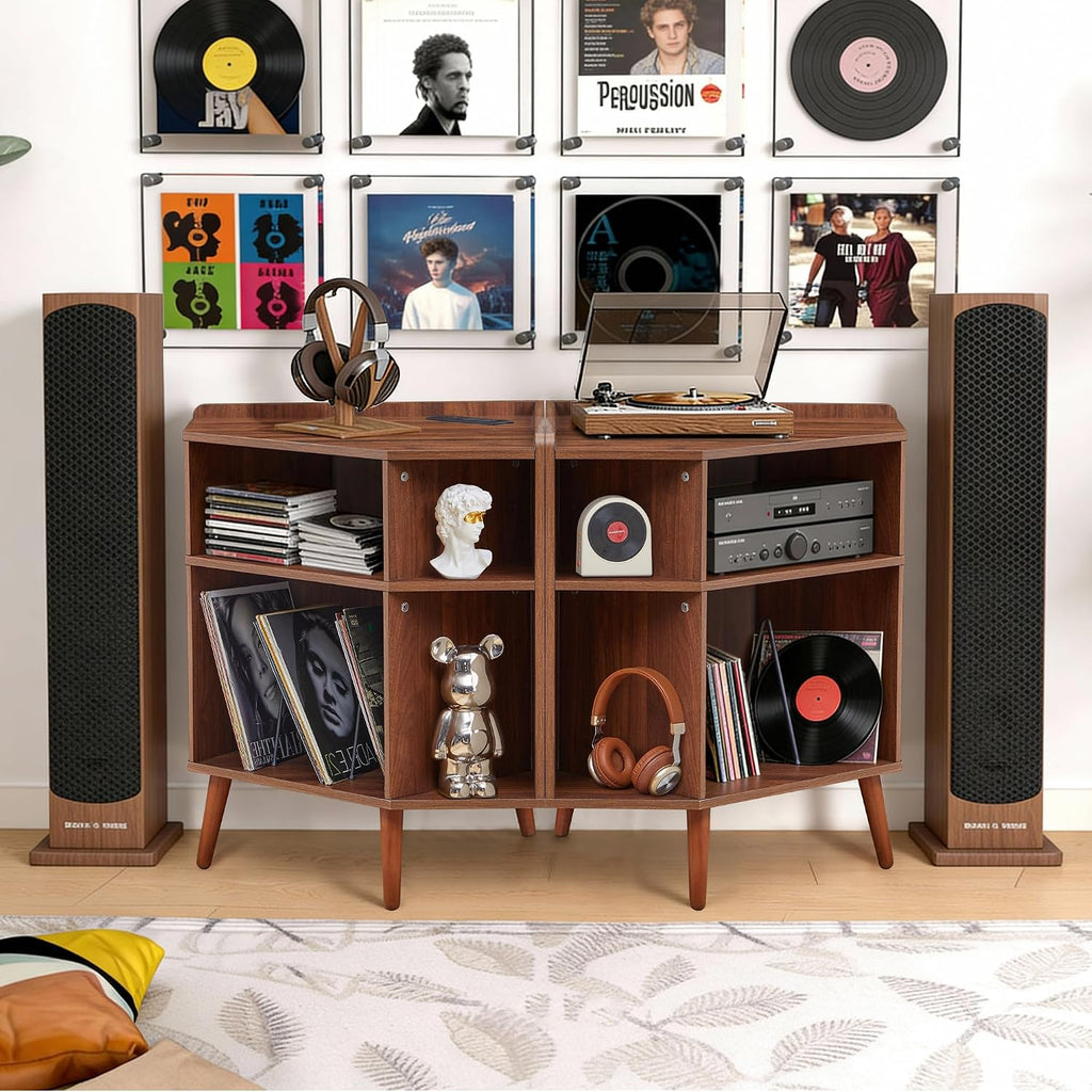 Corner Record Player Stand with Charging Station & USB Ports, 3 Tier Mid Century Modern Vinyl Record Storage Cabinet, Wood Turntable Stand for Music Room, Living Room, Small Space