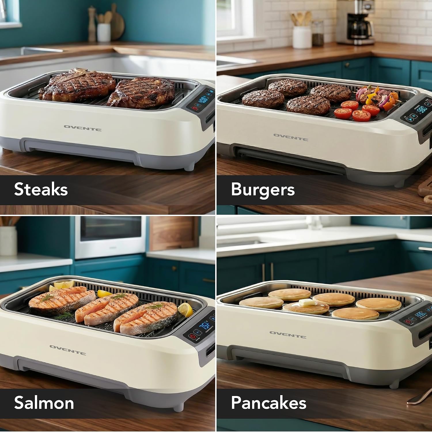 OVENTE Smokeless Indoor Grill, 1500W Electric Portable Korean BBQ Grill with One-Touch Control, LED Smart Display, Tempered Glass Lid, Two Removable Non-Stick and Dishwasher Safe Plates, White SGR85W