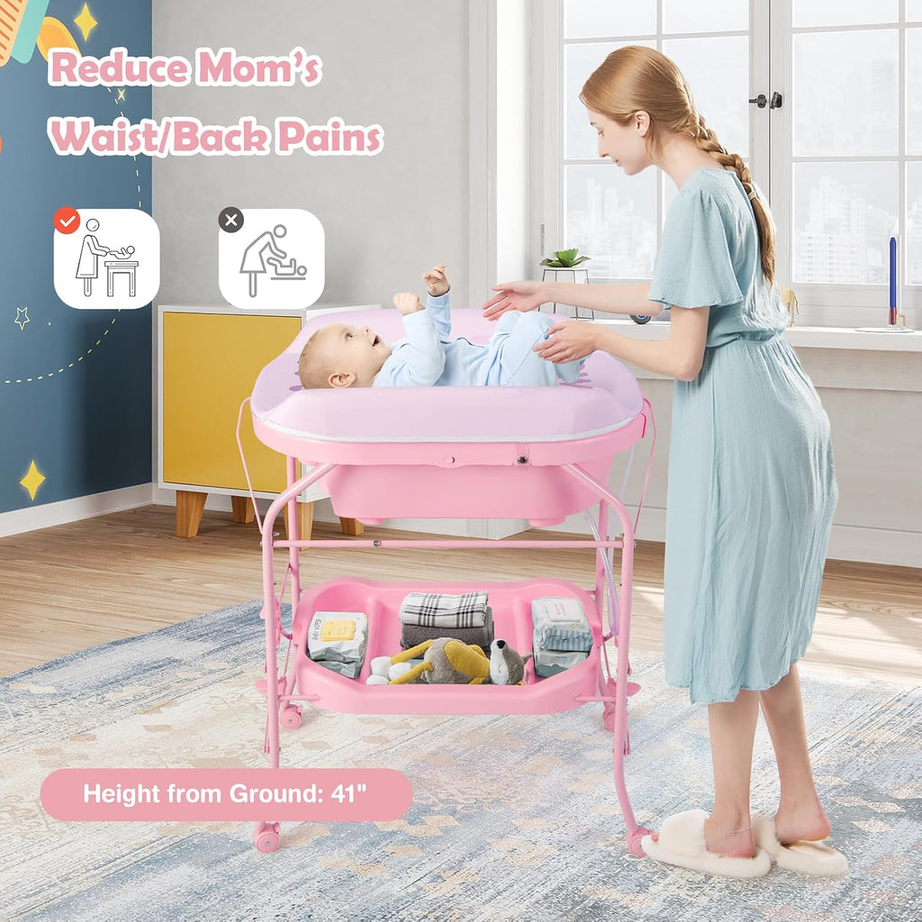 HONEY JOY 2-in-1 Baby Bathtub & Changing Table, Foldable Infant Diaper Changing Station with Wheels, Storage Tray, Waterproof Pad, Portable Newborn Nursery Organizer Bath Stand for Boys Girls (Pink)