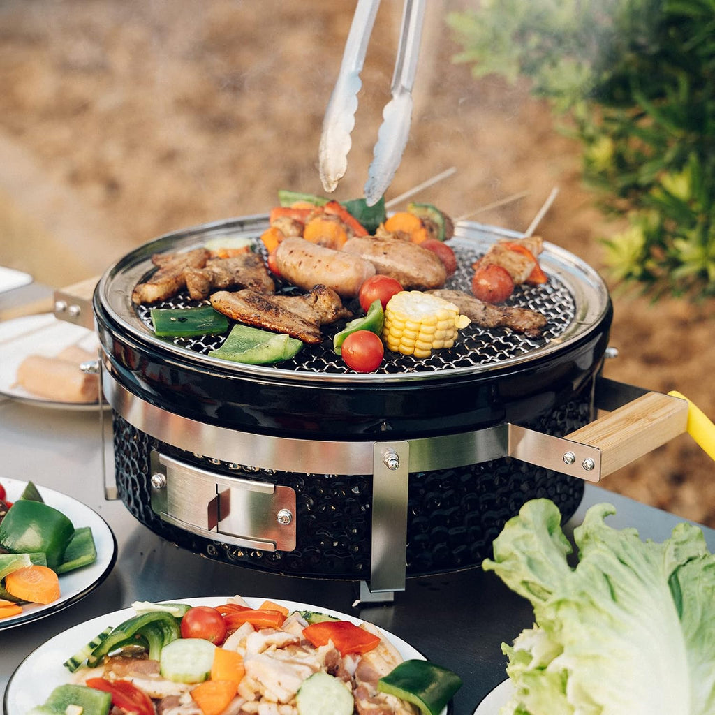 ONLYFIRE GRILLS Ceramic Hibachi Charcoal Grill with Grid Lifter, 14' Portable BBQ Yakitori Grill with Stainless Steel Grate for Outdoor Patio Backyard Barbecue Cooking, GS305