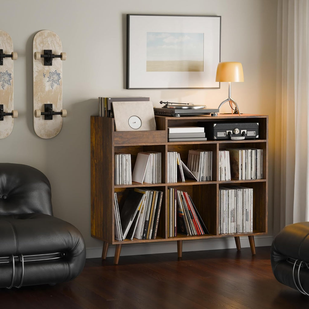 Cozy Castle Large Record Player Stand with Vinyl Storage Cabinet, Wood Turntable Table Open Shelf Holder Up to 500 Albums Cube Storage Organizer for Living Room, Office, Rustic Brown