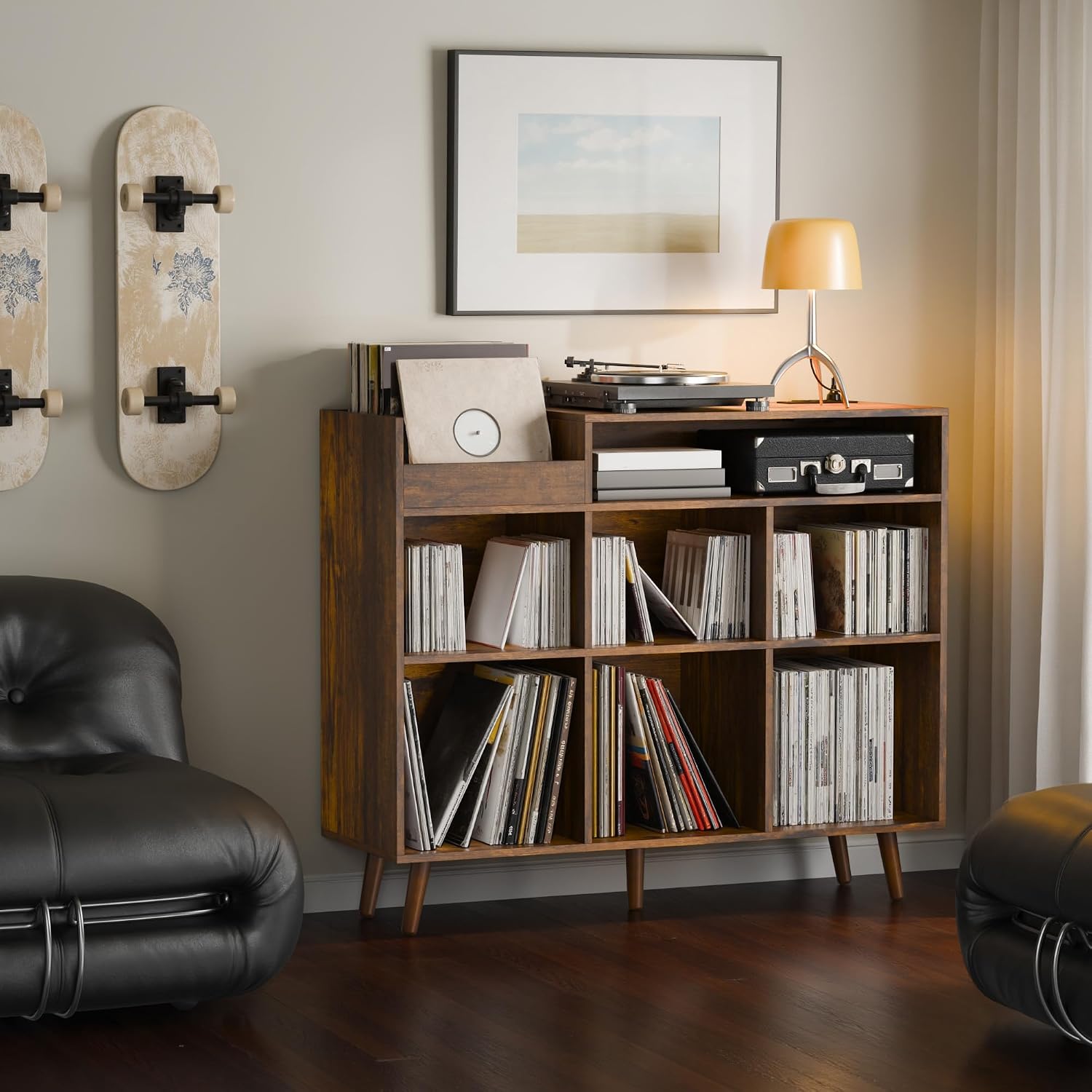 Cozy Castle Large Record Player Stand with Vinyl Storage Cabinet, Wood Turntable Table Open Shelf Holder Up to 500 Albums Cube Storage Organizer for Living Room, Office, Rustic Brown