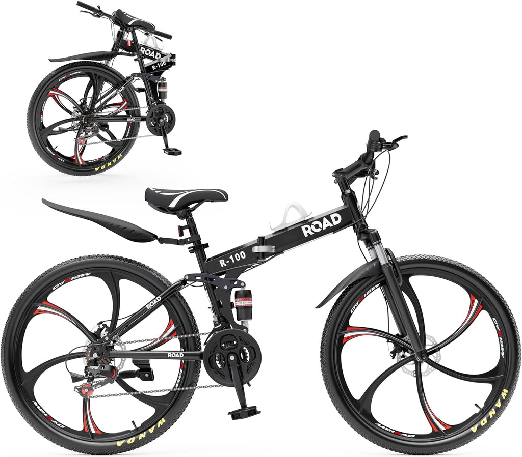 Outroad 26 Inch Folding Mountain Bike, 21 Speed Full Suspension High-Carbon Steel MTB Foldable Bicycle, Dual Disc Brake Non-Slip Folding Bikes for Adults/Men/Women, Black, Orange and Green