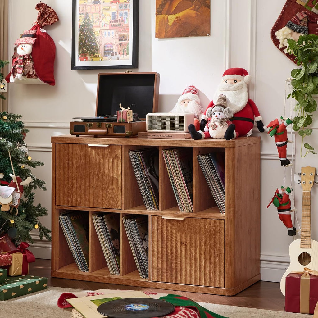 LEYAOYAO Large Record Player Stand with Vinyl Storage Up to 450 Albums, Wood Fluted Boho Record Storage Accent Cabinet, Modern Stereo Media Cabinets, Wide Turntable Stand for Living Room, Tea Brown