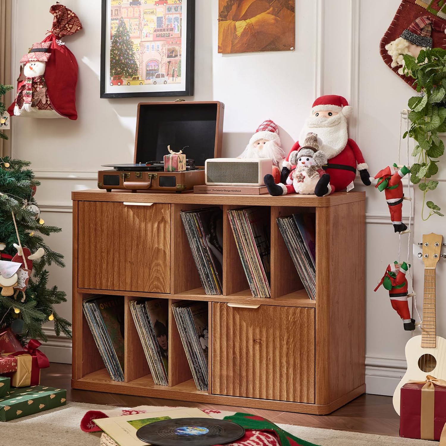 LEYAOYAO Large Record Player Stand with Vinyl Storage Up to 450 Albums, Wood Fluted Boho Record Storage Accent Cabinet, Modern Stereo Media Cabinets, Wide Turntable Stand for Living Room, Tea Brown