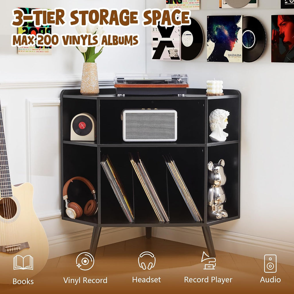 Corner Record Player Stand with Charging Station & USB Ports, 3 Tier Mid Century Modern Vinyl Record Storage Cabinet, Wood Turntable Stand for Music Room, Living Room, Small Space (Black)
