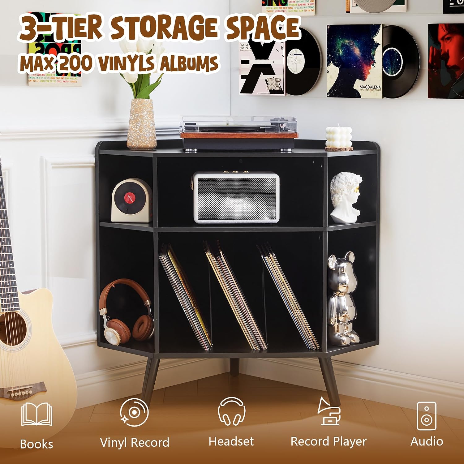 Corner Record Player Stand with Charging Station & USB Ports, 3 Tier Mid Century Modern Vinyl Record Storage Cabinet, Wood Turntable Stand for Music Room, Living Room, Small Space (Black)