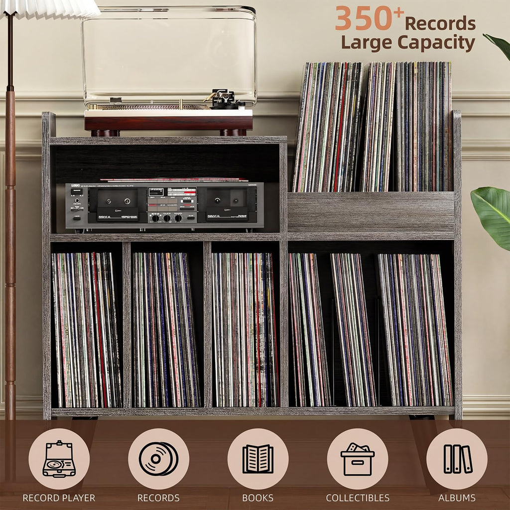Record Player Stand, Large Record Player Table Cabinet with Open Vinyl Storage and Display Shelf Holds up to 250 Albums, Mid Century Wood Turntable for Living Room, Bedroom (Grey)
