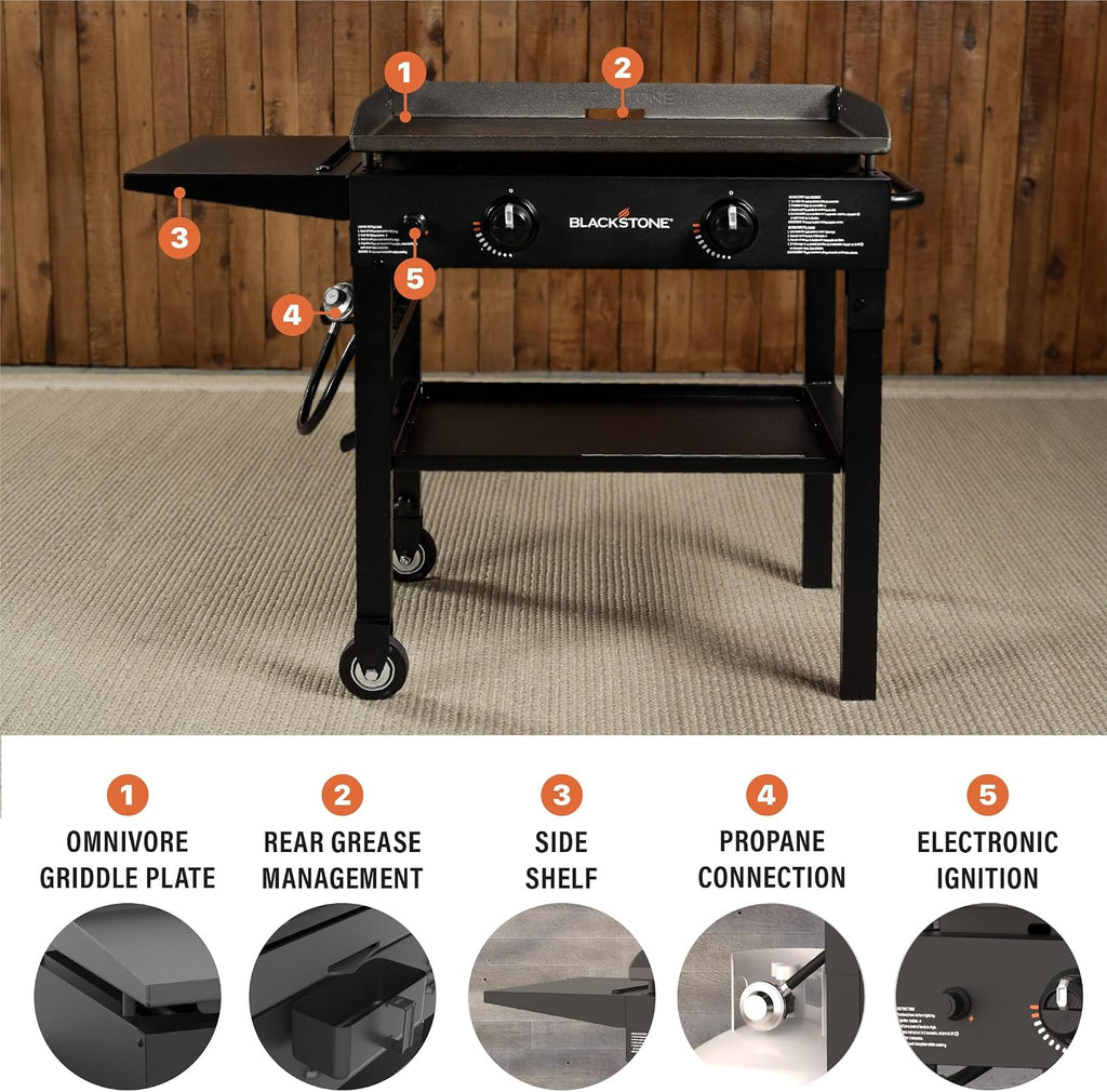 Blackstone Flat Top Gas Grill Griddle 2 Burner Propane Fuelled Rear Grease Management System, 1517, Outdoor Griddle Station for Camping, 28 inch
