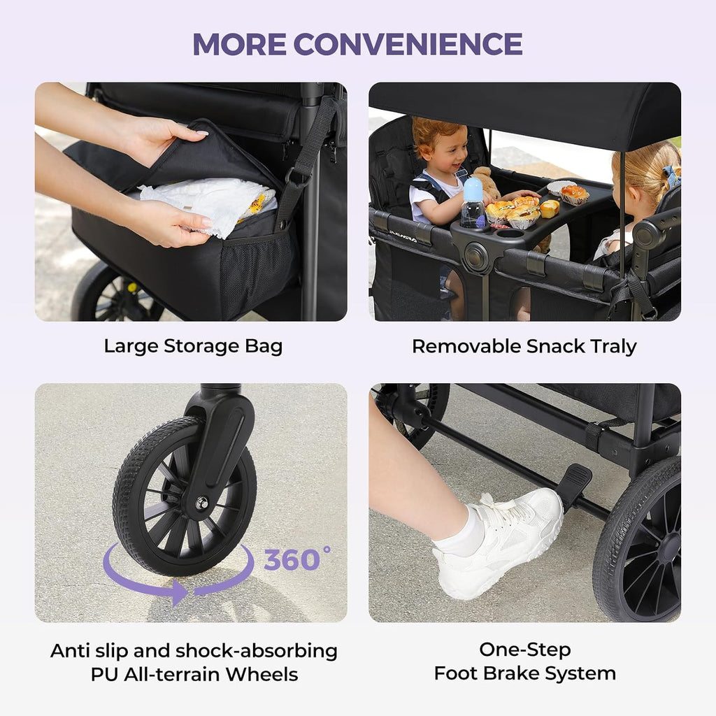 ELEMARA Wagon Stroller 4 Seater, Premium Stroller Wagon for 4 Kids, Foldable All-Terrain Wagon for Kids with Canopy, Adjustable Push/Pull Handles,Convertible High Seat&Organizer, Black