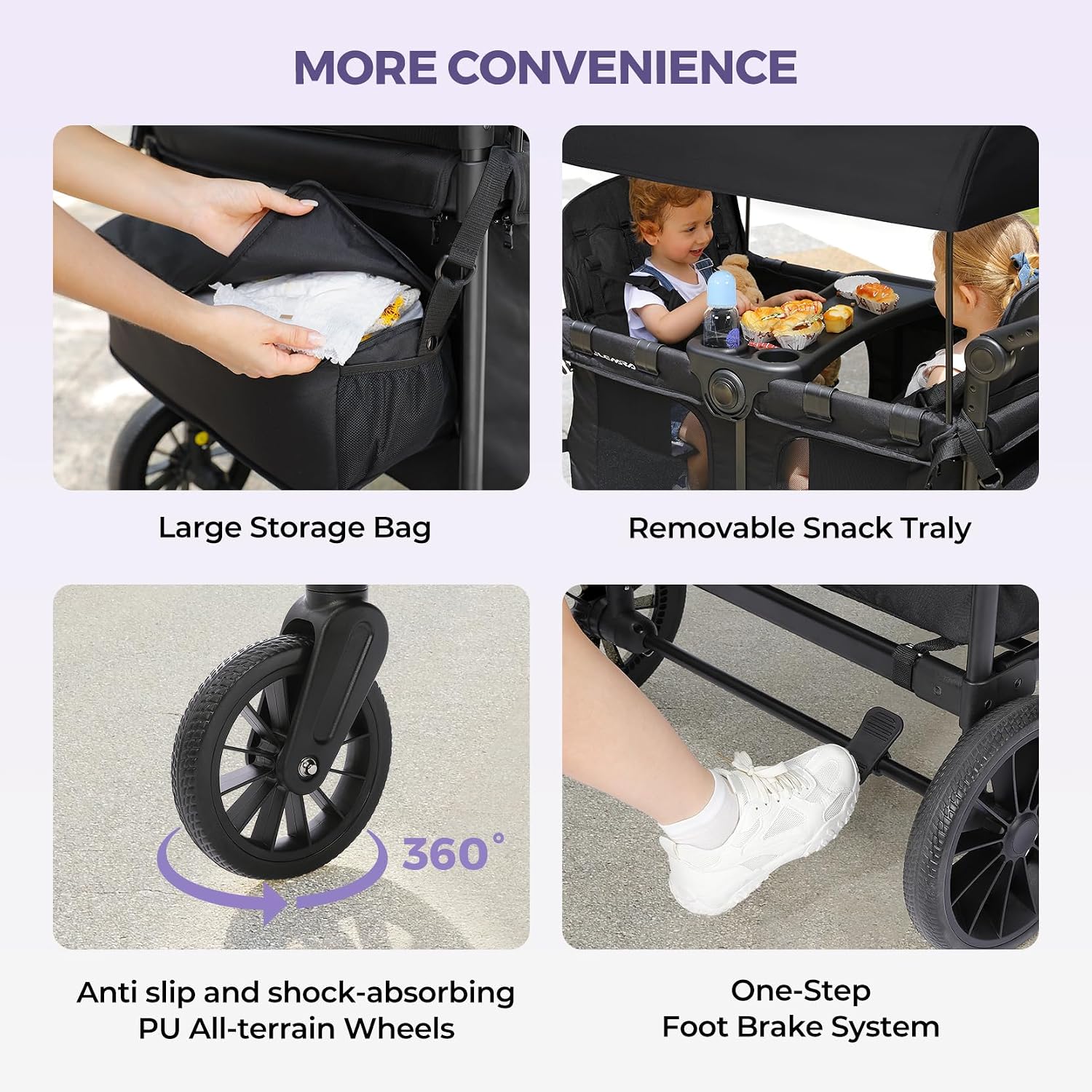 ELEMARA Wagon Stroller 4 Seater, Premium Stroller Wagon for 4 Kids, Foldable All-Terrain Wagon for Kids with Canopy, Adjustable Push/Pull Handles,Convertible High Seat&Organizer, Black