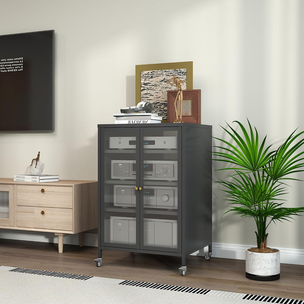 Media Cabinet with Glass Door Metal Stereo Cabinets with Adjustable Shelves 4 Tier DVD AV Storage Audio Video Rack Record Play Stand Display Cabinets for Living Room, Gaming, Recording Room – Black