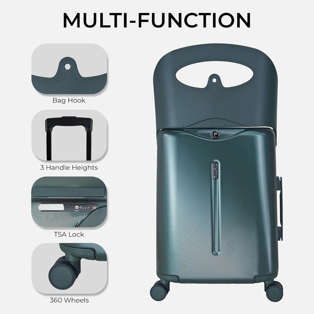 MiaMily Kids Ride-On Carry-On Suitcase with Foldable Seat, Safety Belt, TSA Lock, 4 Double Spinner Wheels, Hard Shell Cabin Luggage, 43L, Forest Green