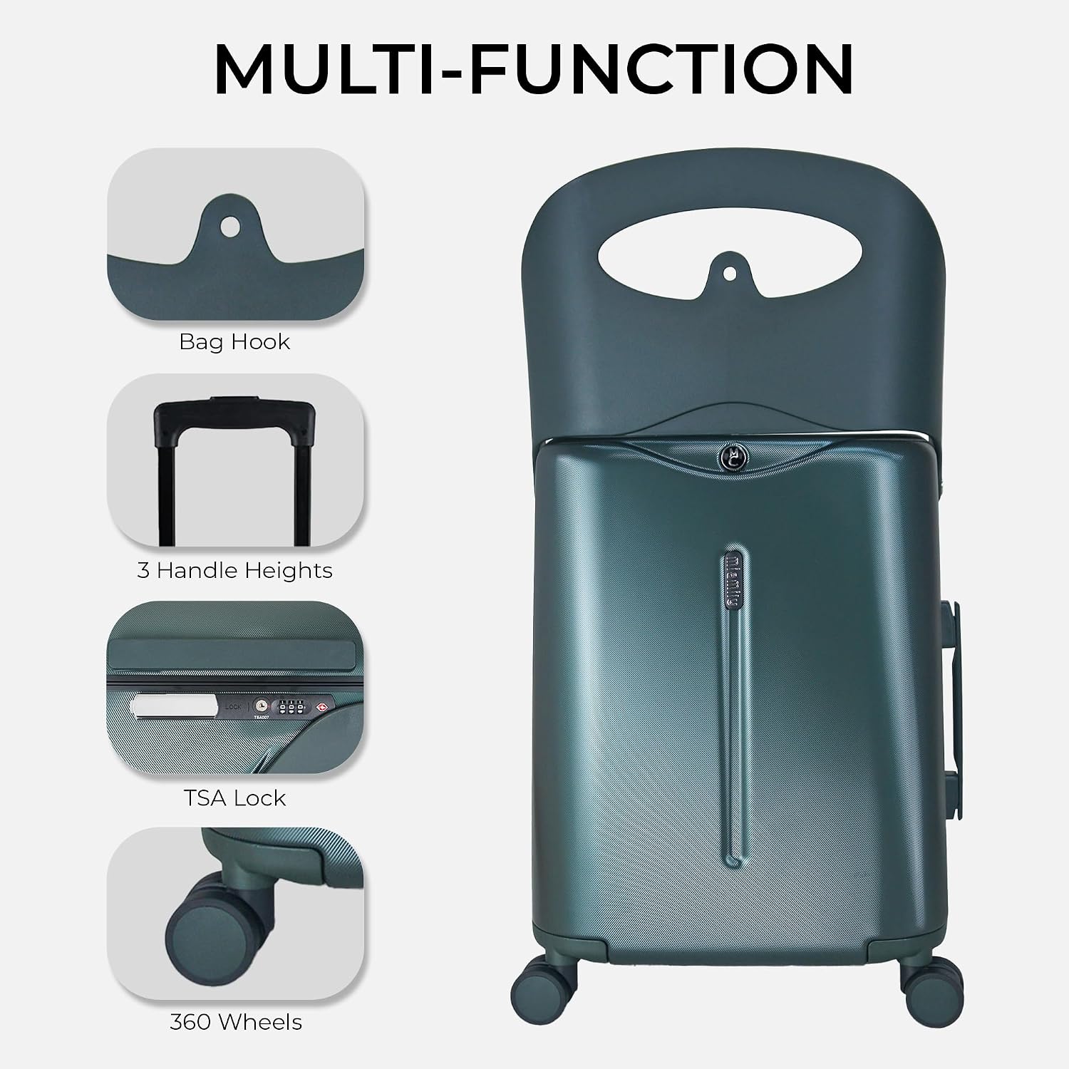 MiaMily Kids Ride-On Carry-On Suitcase with Foldable Seat, Safety Belt, TSA Lock, 4 Double Spinner Wheels, Hard Shell Cabin Luggage, 43L, Forest Green