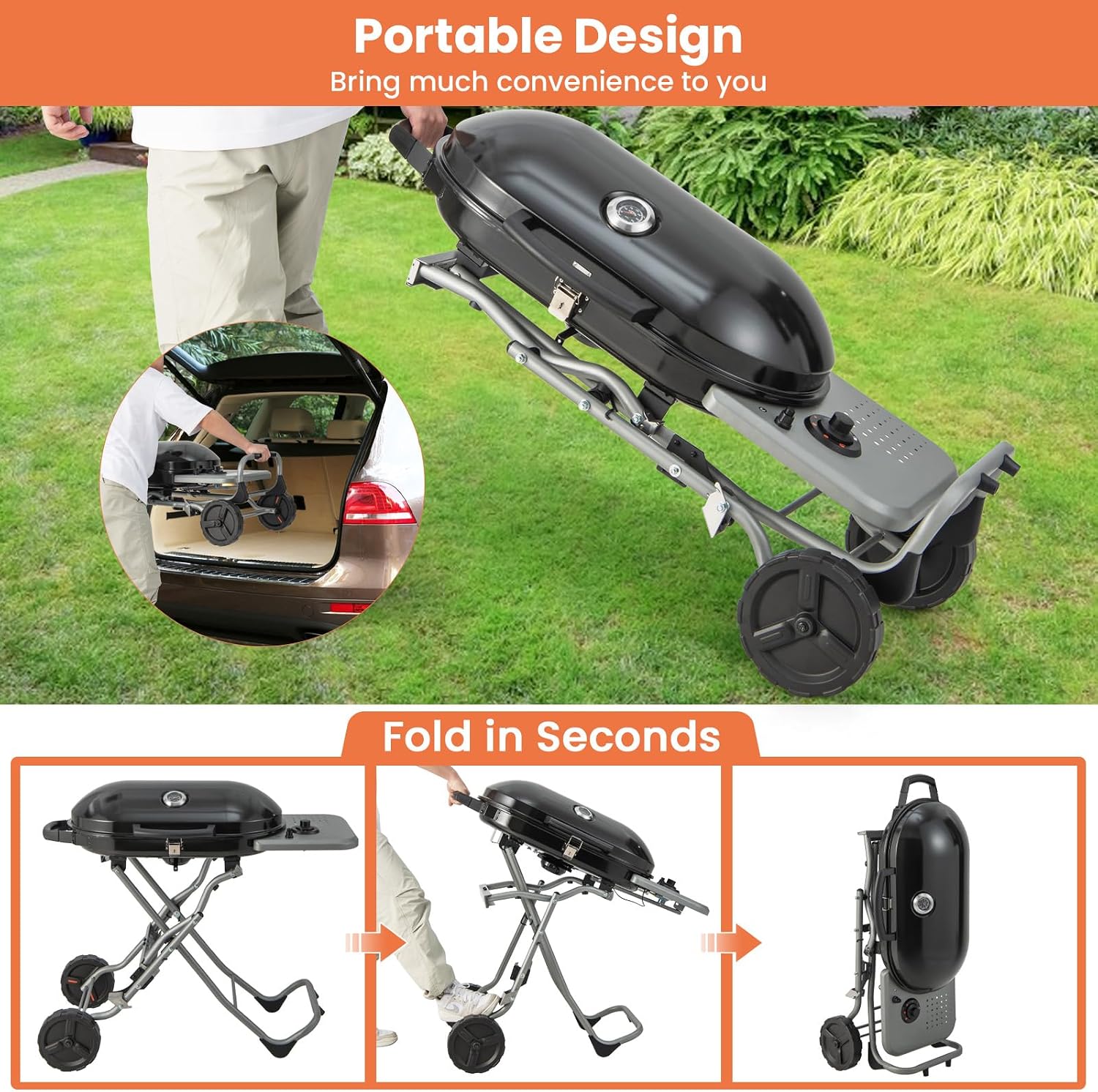Giantex Portable Propane Gas Grill with 15,000 BTUs Burner, Side Table, 2 Wheels, Grease Tray, Metal Frame, Folding Stand-Up Propane Gas Grill for Outdoor Cooking Camping Barbecue (Black)