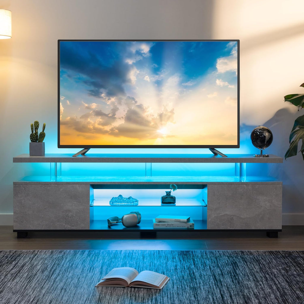 Cubehom Grey TV Stands for Living Room,Glass TV Stand, LED TV Stand for 75+ inch TV,Entertainment Center for Living Room,Bedroom,Home Office