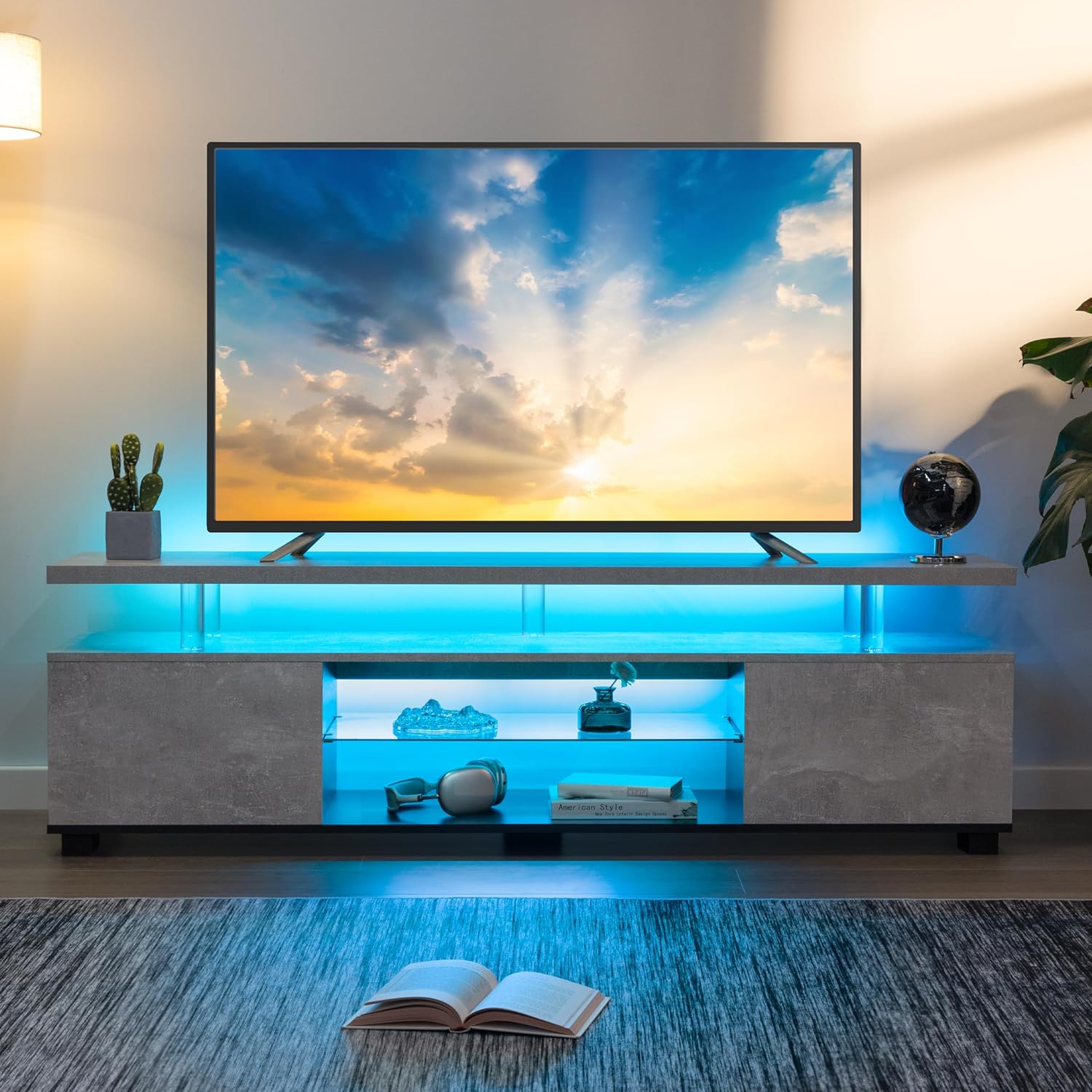 Cubehom Grey TV Stands for Living Room,Glass TV Stand, LED TV Stand for 75+ inch TV,Entertainment Center for Living Room,Bedroom,Home Office