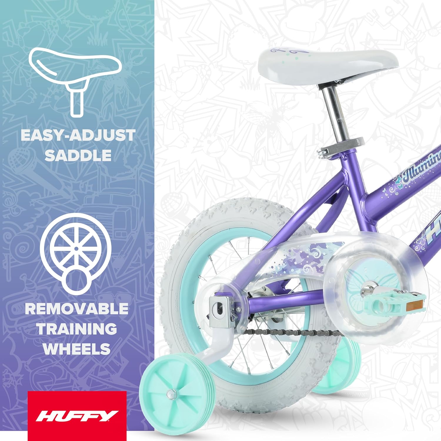 Huffy Illuminate Bike for Girls, 12/16/20 Inch Size Options, Ages 3+ Years Old, Removable Training Wheels (12' and 16' Only), Multiple Color Options, Easy Assembly, Adjustable Seat, Durable