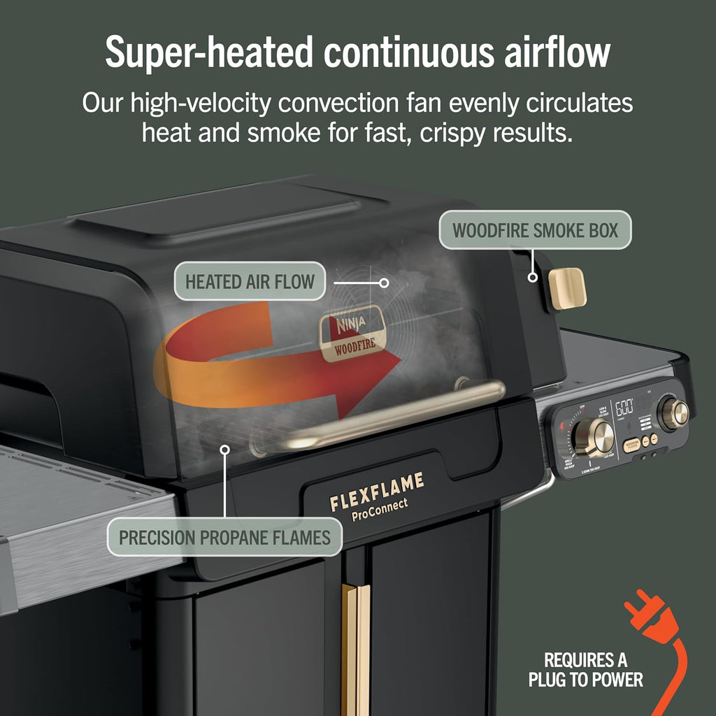 Ninja FlexFlame ProConnect Grill & Smoker | 5-in-1 Smart Cooking System | Electric & Propane | App-Connected | 3-Burner Digital Control | Roast, Griddle & Pizza Maker | Black/Gold | PG305