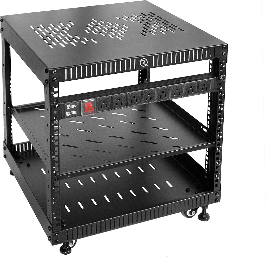 RIVECO 9U Network Rack with Reinforced Top Cover - 4 Post Floor Rack on Wheels for 19' Equipment & Stereo Gear- Including Rack Mount Power Strip & 1PCS 1U Rack Shelf