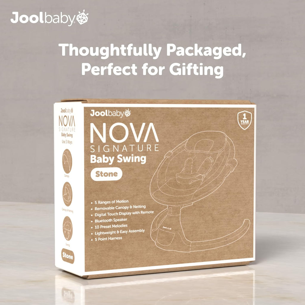 Jool Baby Nova Swing for Newborns - Electric Motorized Infant Swing, Bluetooth Music, 10 Preset Melodies, Remote (Updated Model, Stone)