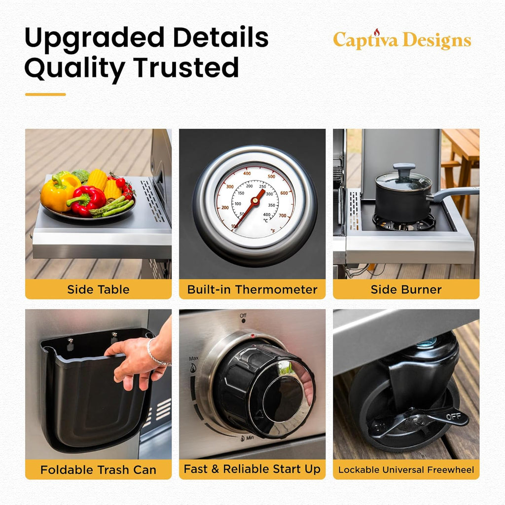 Captiva Designs 6-Burner Propane Gas BBQ Grill with Side Burner & Porcelain-Enameled Cast Iron Grate and Plate for Outdoor Barbucue Events, 52,000 BTU Output,740 SQ.IN. Cooking Area，Heavy Duty