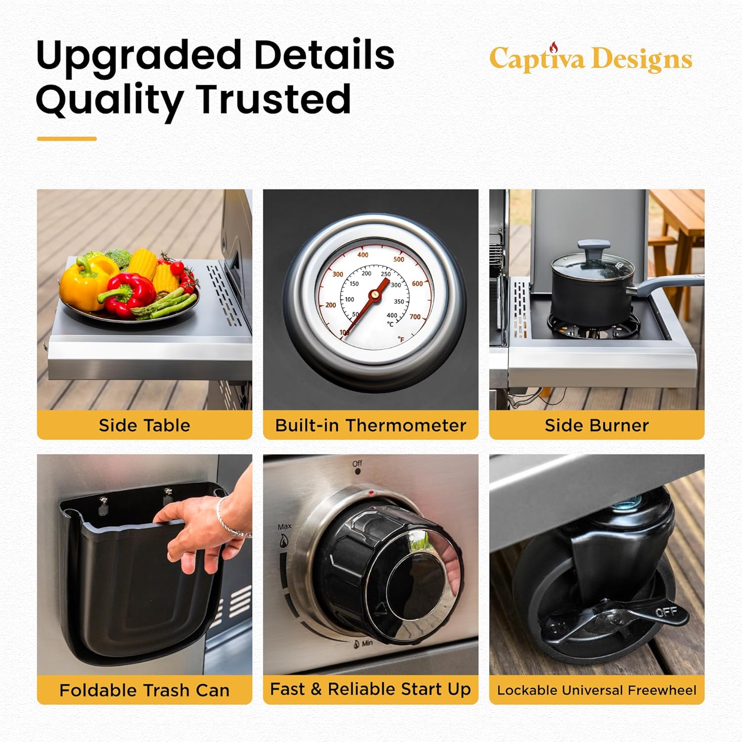 Captiva Designs 6-Burner Propane Gas BBQ Grill with Side Burner & Porcelain-Enameled Cast Iron Grate and Plate for Outdoor Barbucue Events, 52,000 BTU Output,740 SQ.IN. Cooking Area，Heavy Duty