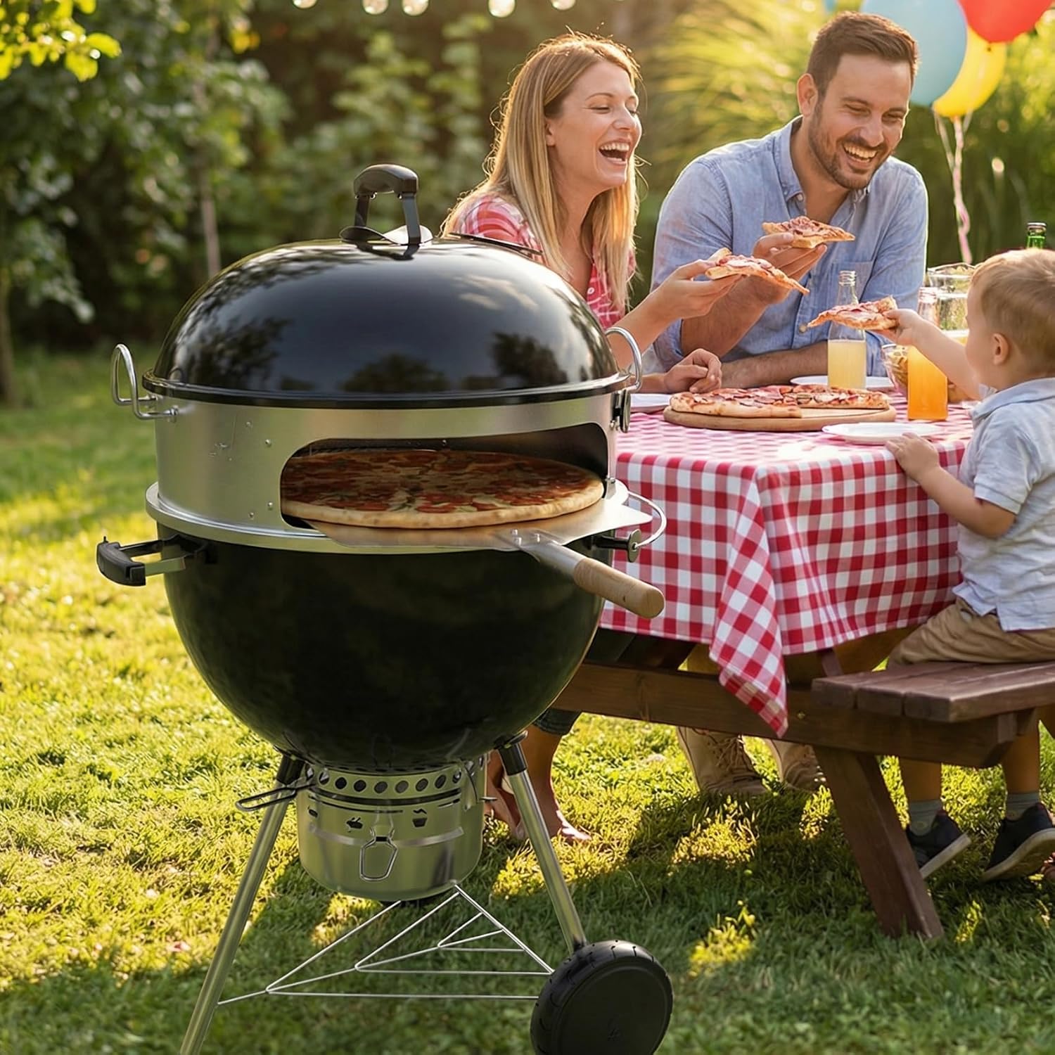 onlyfire Stainless Steel Multi-purpose Rotisserie and Pizza Combo Kit for Weber 22-Inch Kettle Charcoal Grills - Include Pizza Peel and Pizza Stone