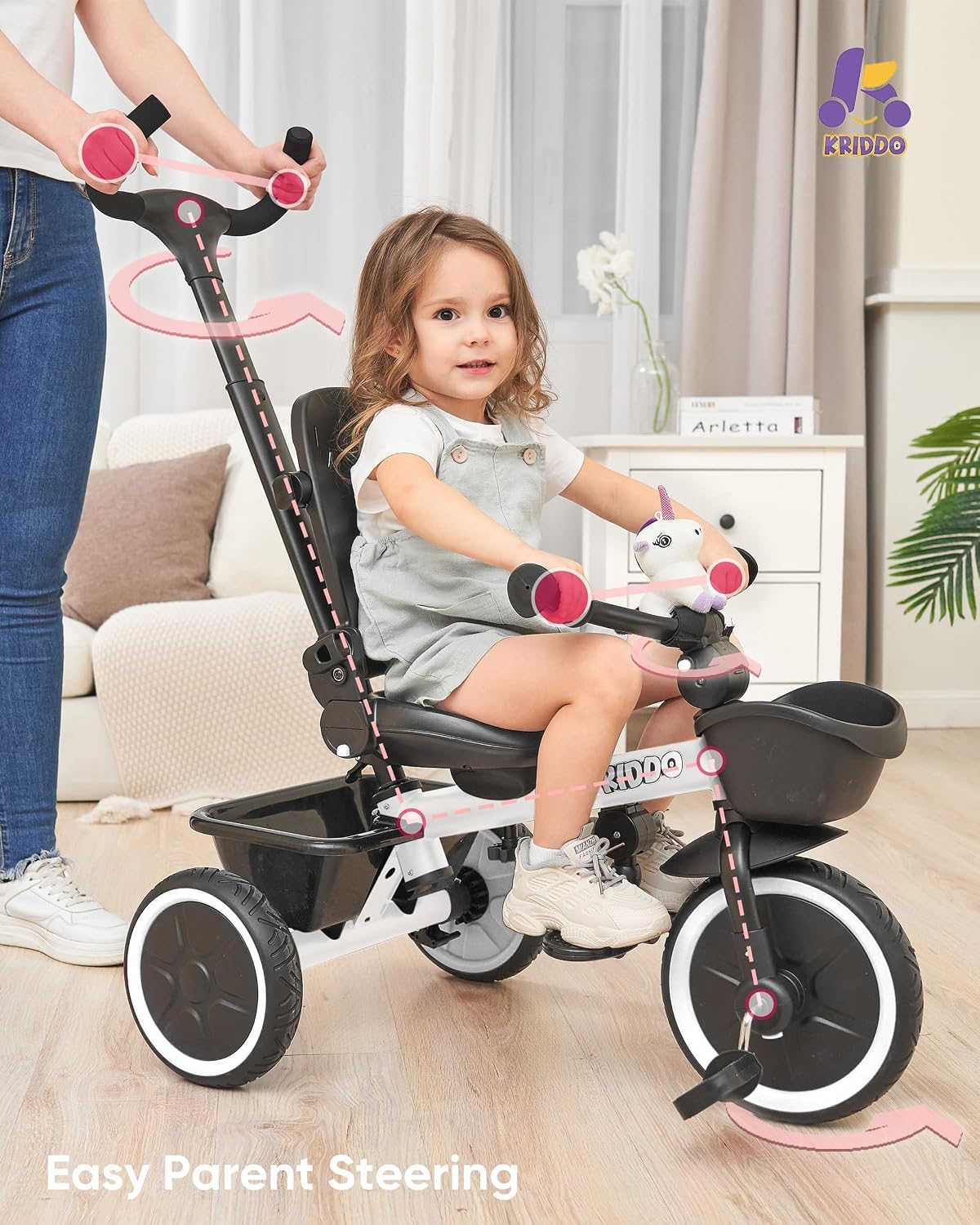 KRIDDO 7-in-1 Tricycle Stroller for Toddlers 18 Months to 5 Years, Adjustable Push Handle, Rotatable Seat, Cup Holder and Retractable Canopy, Folding Baby Trike w/Detachable Guardrail, Footrest, White