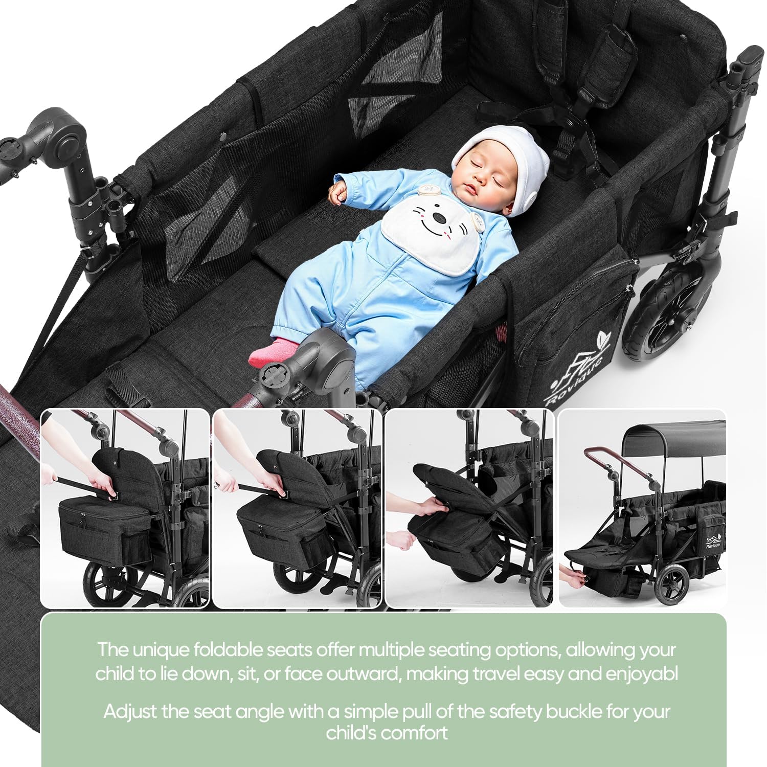 Rovique Stroller Wagon for 2 Kids,Premium Wagon for Kids with Removable Canopy,Snack Tray,All-Terrain PU Wheels & Adjustable Push/Pull Handle (Black)