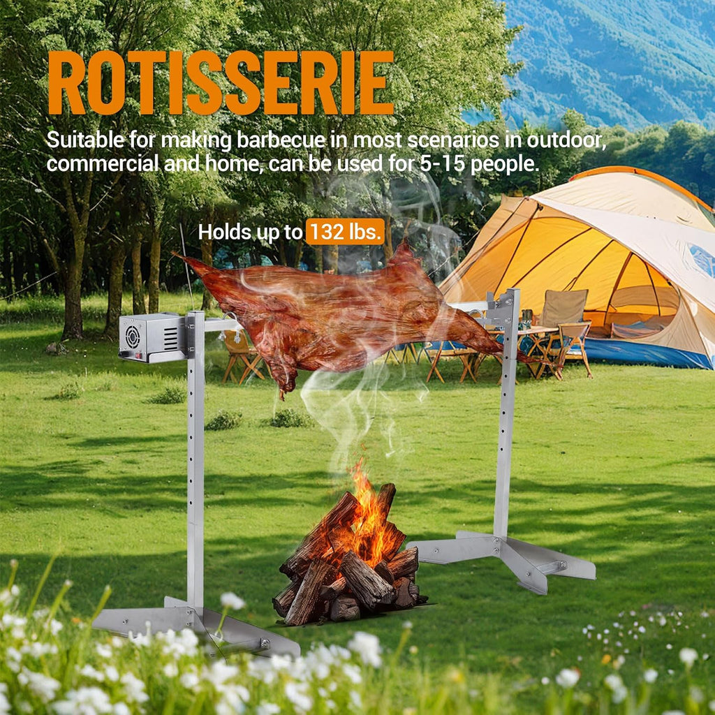 GarveeTech 46in Stainless Steel Electric Rotisserie Grill - 132LB Capacity for Whole Pig & Lamb, Charcoal Spit Roaster with 50W Motor, Outdoor Camping BBQ