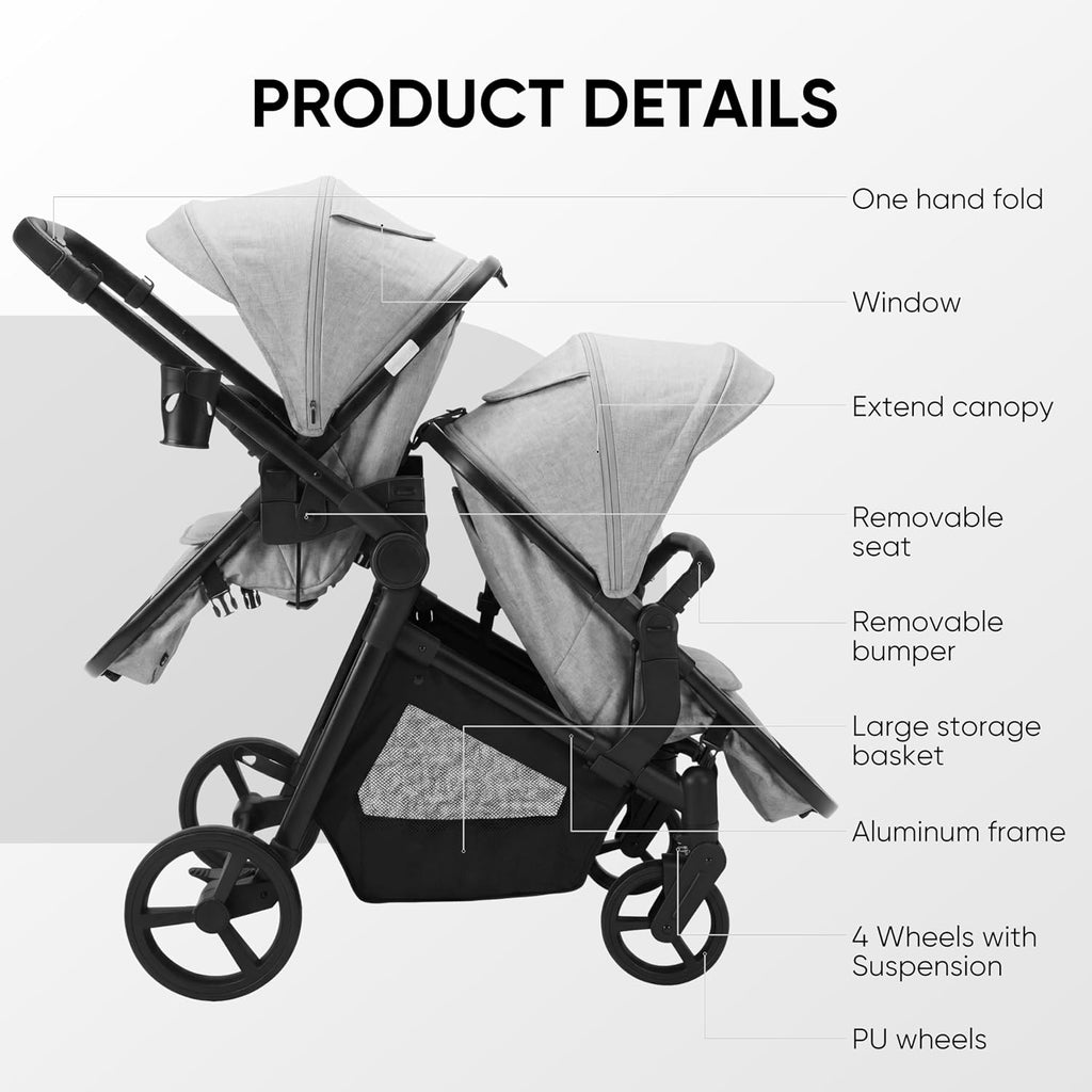 Double Stroller for Twins Infants and Toddlers, Foldable Tandem, Convertible Twin to Single Stroller, Compact Light Weight， Ages 0-3 Years (B0G1Y96QXZ)