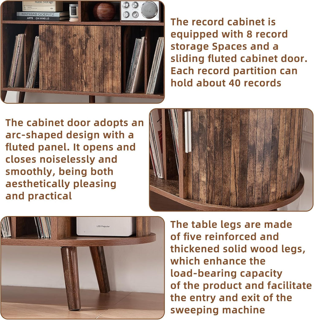 LELELINKY Extra Large Round Record Player Stand with Charging Station & Fluted Panel, Mid Century Modern Turntable Cabinet with Vinyl Storage, Arched Wood Record Player Table for Living Room,Brown