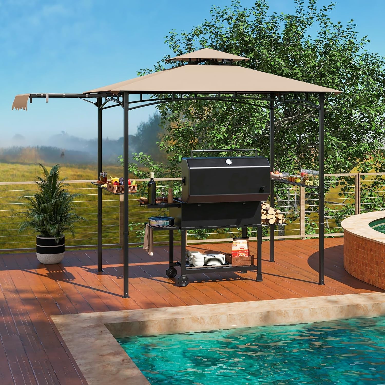 Tangkula 11x5 FT Grill Gazebo with Side Awning, 2-Tier Barbecue Gazebo with 2 Shelves, 12 Hanging Hooks, Bottle Opener, Outdoor Grill Canopy for Backyard Garden Poolside (Beige)