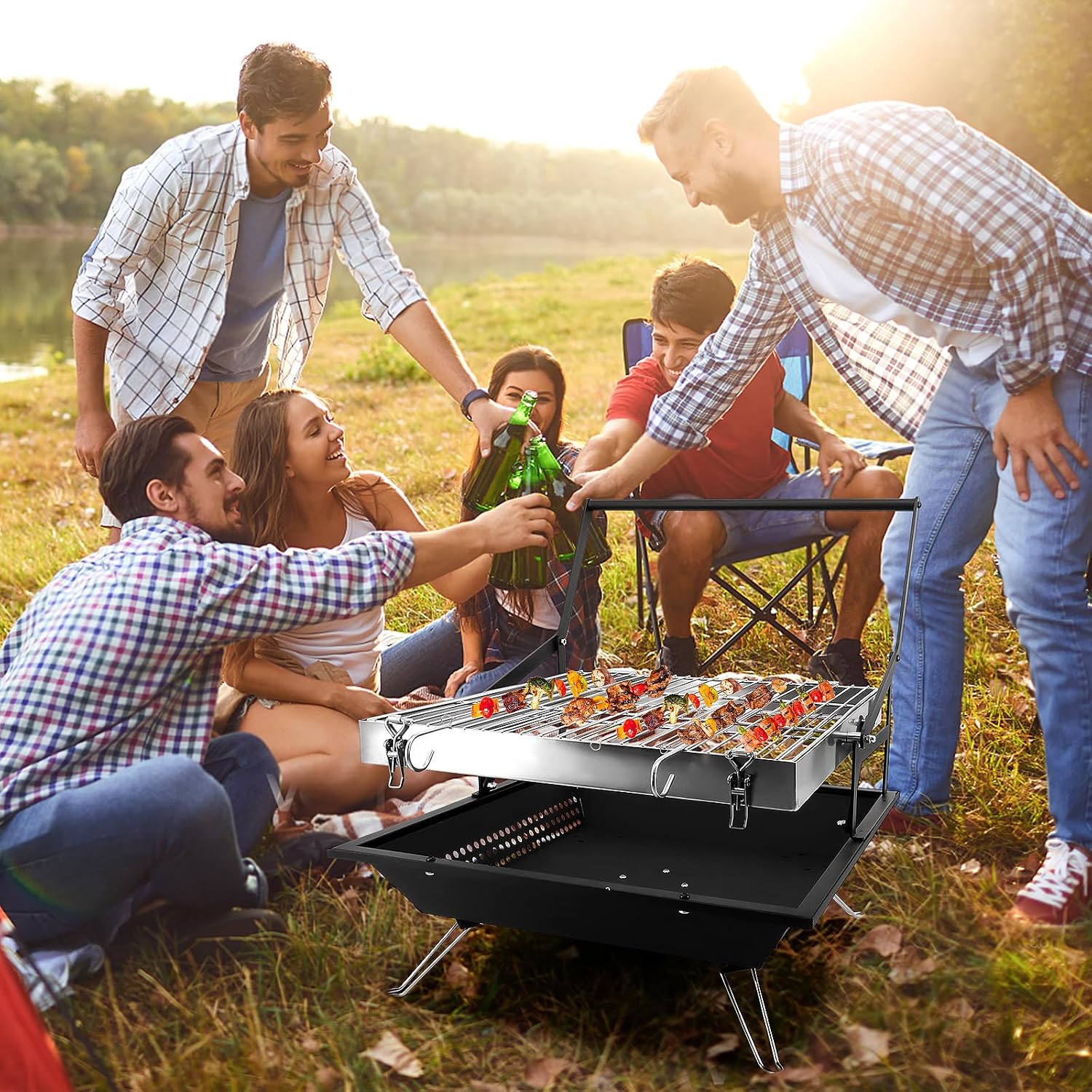 360° Rotating Charcoal Grills,Stainless Steel Flipping Barbecue Grill for Camping BBQ Picnics Beach Party Cooking Outdoor Garden Yard