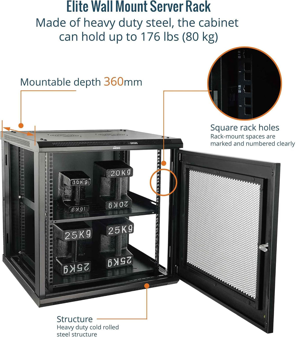 Tecmojo Elite Collection 12U Wall Mount Server Cabinet IT Network Rack Enclosure Lockable Mesh Door and Side Panels, with 2 Cooling Fans,17.7inch Depth, Hold up to 176Lbs,Black