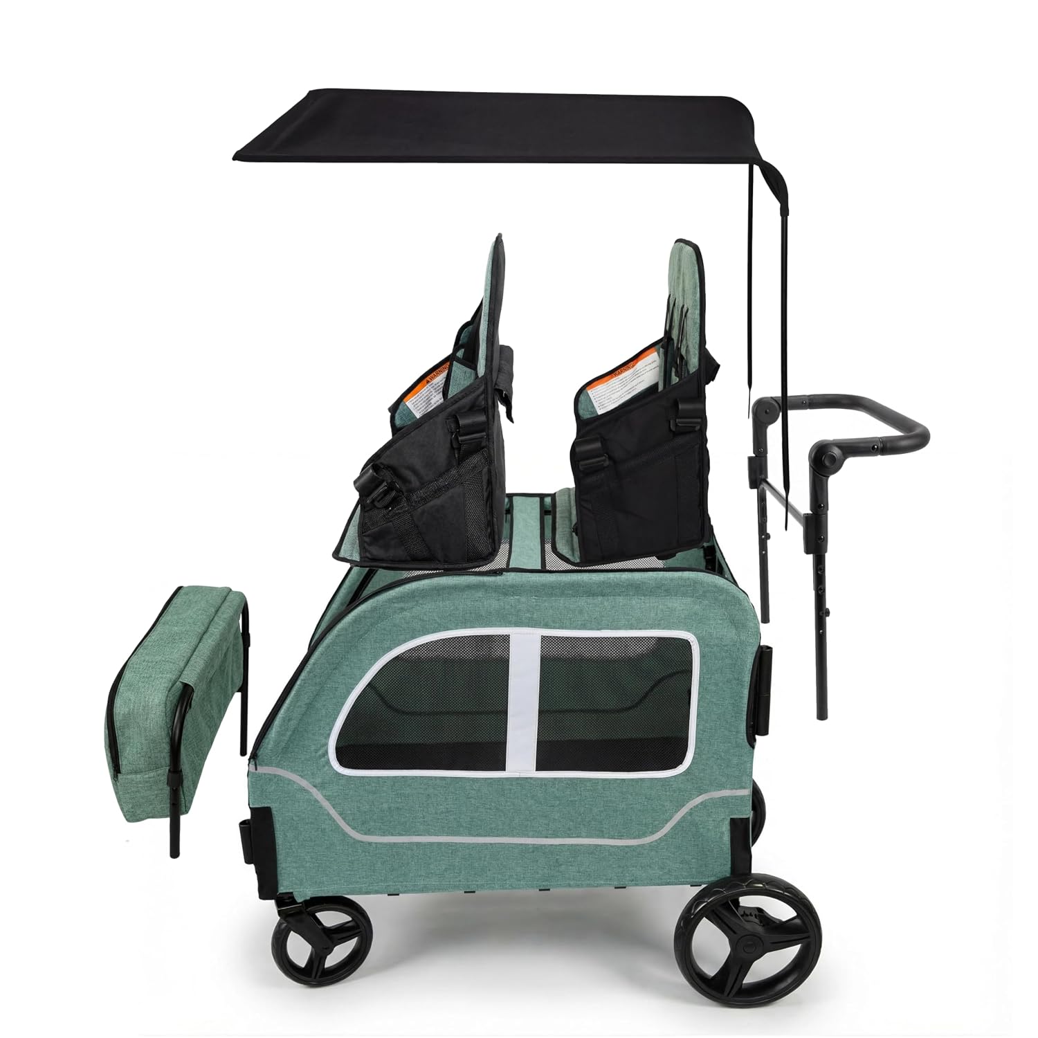 4 Seater Wagon Stroller, Large Quad Wagon for 2 3 4 Kids Baby Toddler Child with Seats, All Terrain, Triple Stroller, Adjustable Push/Pull Handles, Removable Canopy (Green)