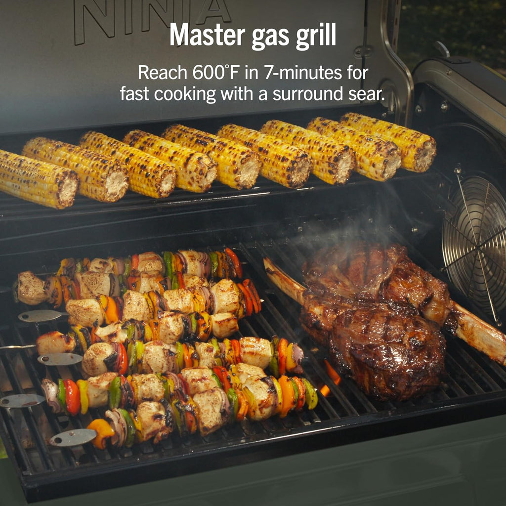 Ninja FlexFlame Grill and Smoker | Electric and Propane Grill, Roaster, BBQ Grill | 5-in-1 Cooking System | 3 Burner | Digital Control | Outdoor Cooking, Griddle, Pizza Maker | Green | PG301GN