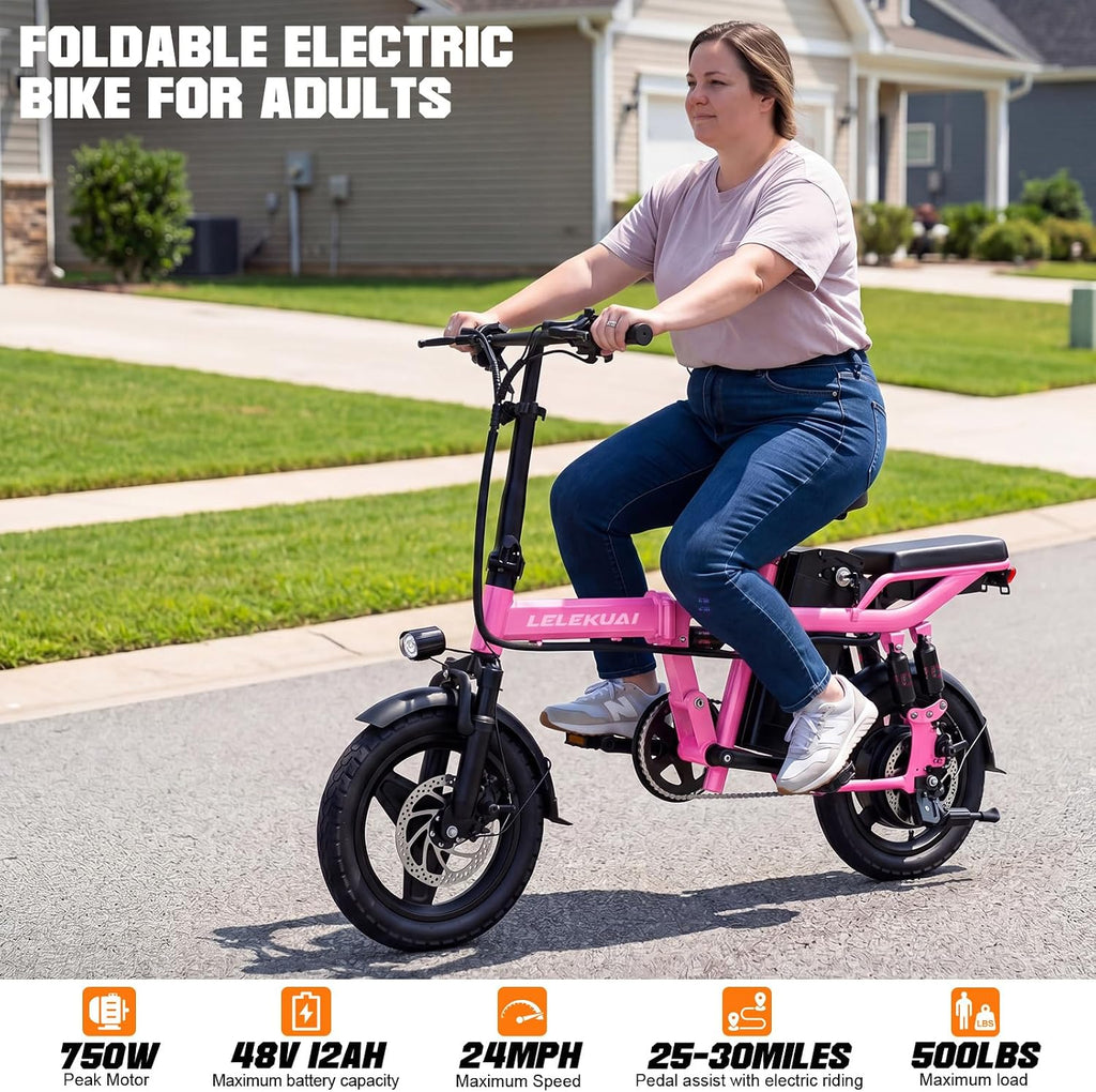 LELEKUAI Electric Bike for Adults and Teens, 520W-560W Motor, 20-24MPH, 32 Miles Range, 48V 10Ah Battery, 3-Level Pedal Assist, 14' Foldable Mini Electric Bicycle, UL 2849 Certified