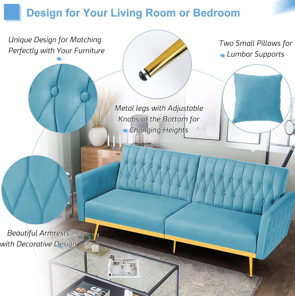70' Velvet Futon Sofa Bed with 2 Pillows and Adjustable Armrests, Convertible Sleeper Bed W/Adjustable Backrests, Modern Loveseat for Living Room, Bedroom, Baby Blue
