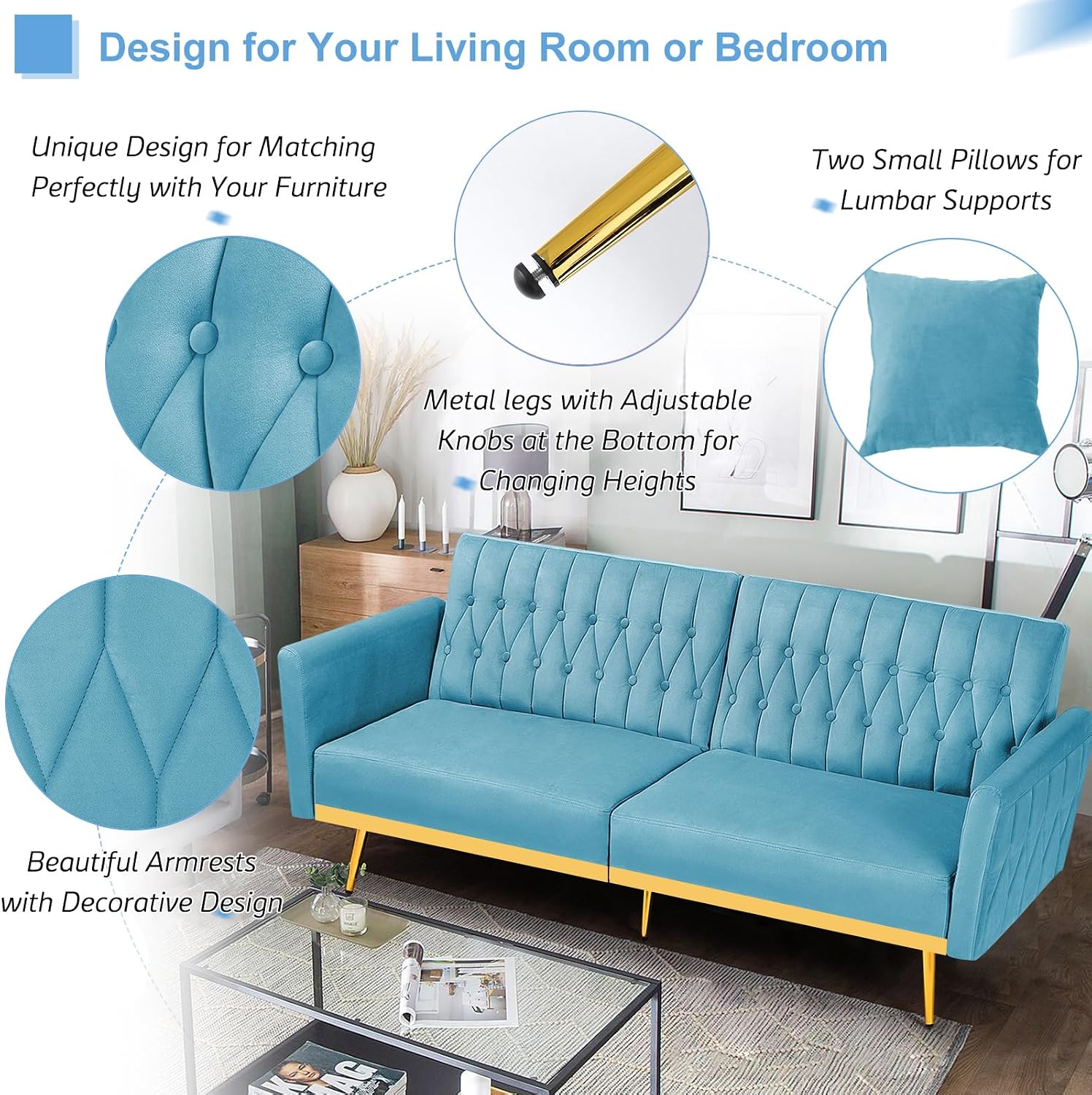 70' Velvet Futon Sofa Bed with 2 Pillows and Adjustable Armrests, Convertible Sleeper Bed W/Adjustable Backrests, Modern Loveseat for Living Room, Bedroom, Baby Blue