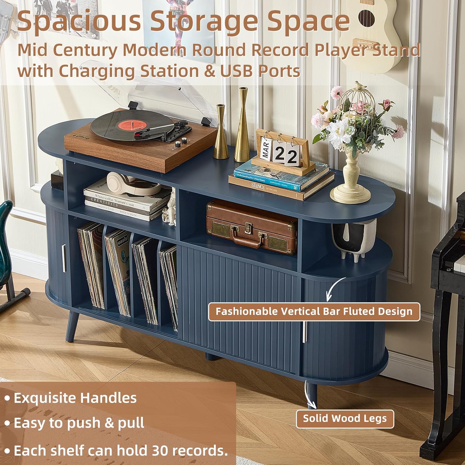 LELELINKY Extra Large Round Record Player Stand with Charging Station & Fluted Panel, Mid Century Modern Turntable Cabinet with Vinyl Storage, Arched Wood Record Player Table for Living Room,Blue